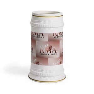 Ceramic Beer Stein Mug with RMA Innovations Rose Logo – Vintage White Gold Accent