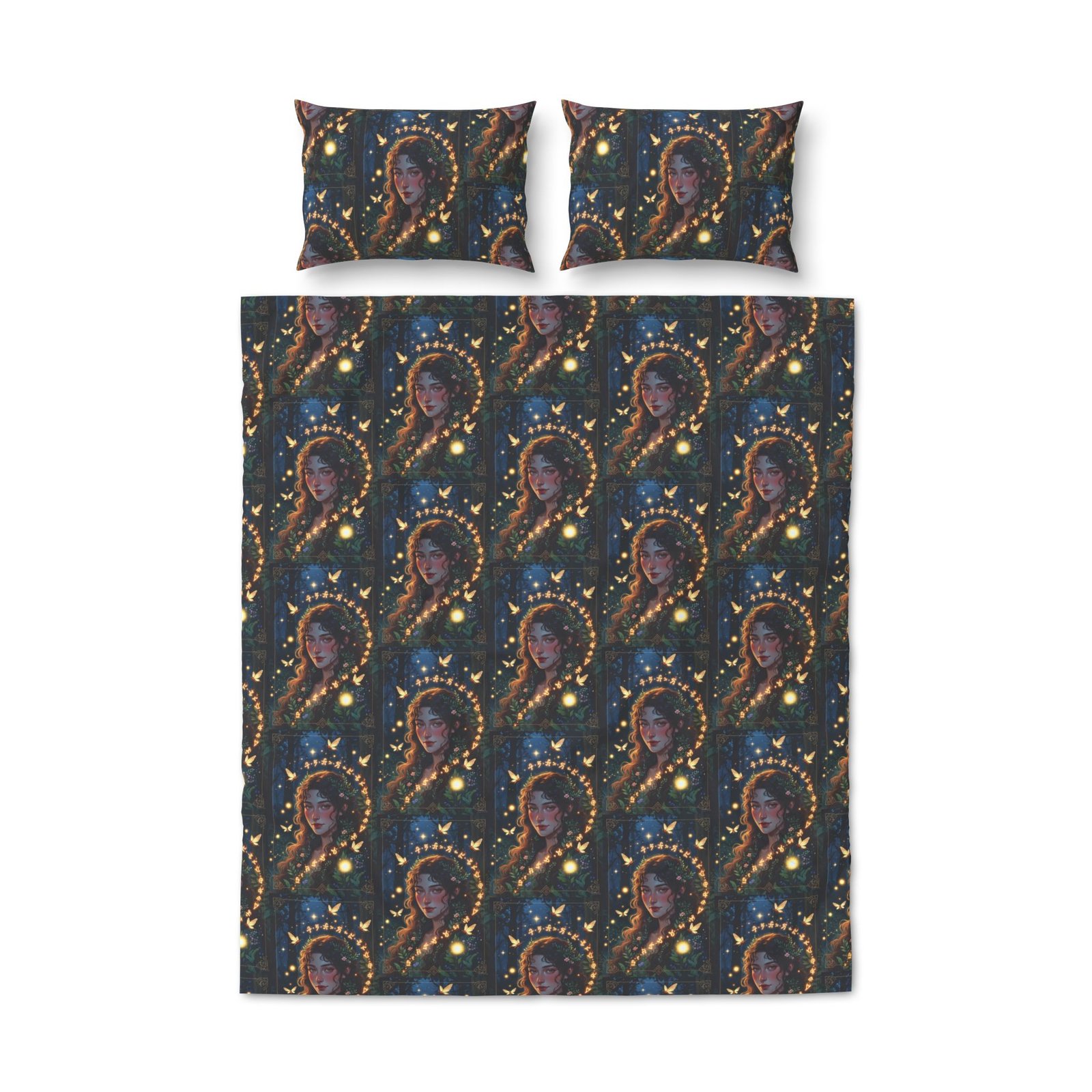 Celestial Maiden Quilt Cover Set — 3-Piece Starry Night Bedding with Angelic Portraits