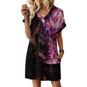 Dracula Follows Me Witch and Cauldron Pink Full Moon Women's Casual V-Neck Dress with Rolled Cuffs