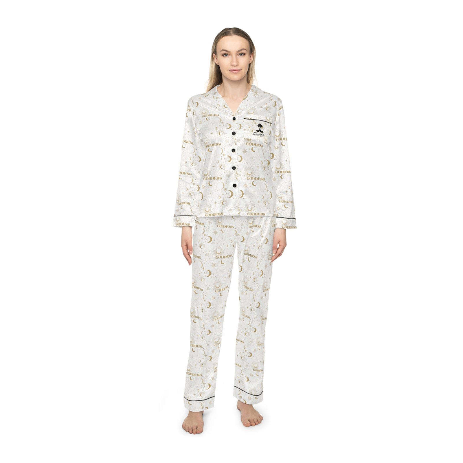 Women's Satin Pajama Set — Elegant Gold Moon & Stars Print