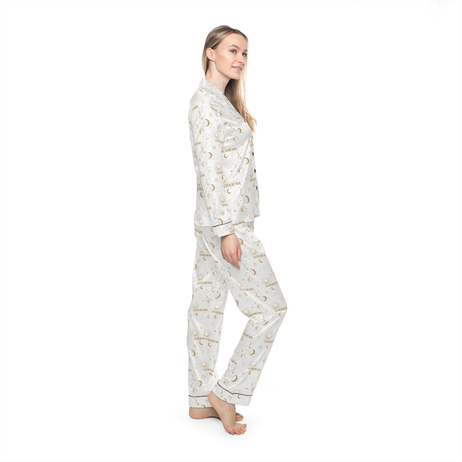 Women's Satin Pajama Set — Elegant Gold Moon & Stars Print - Image 7