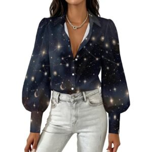 Starry Night Sky Long Sleeve Blouse Women's Long Sleeve Lantern Sleeve Shirt