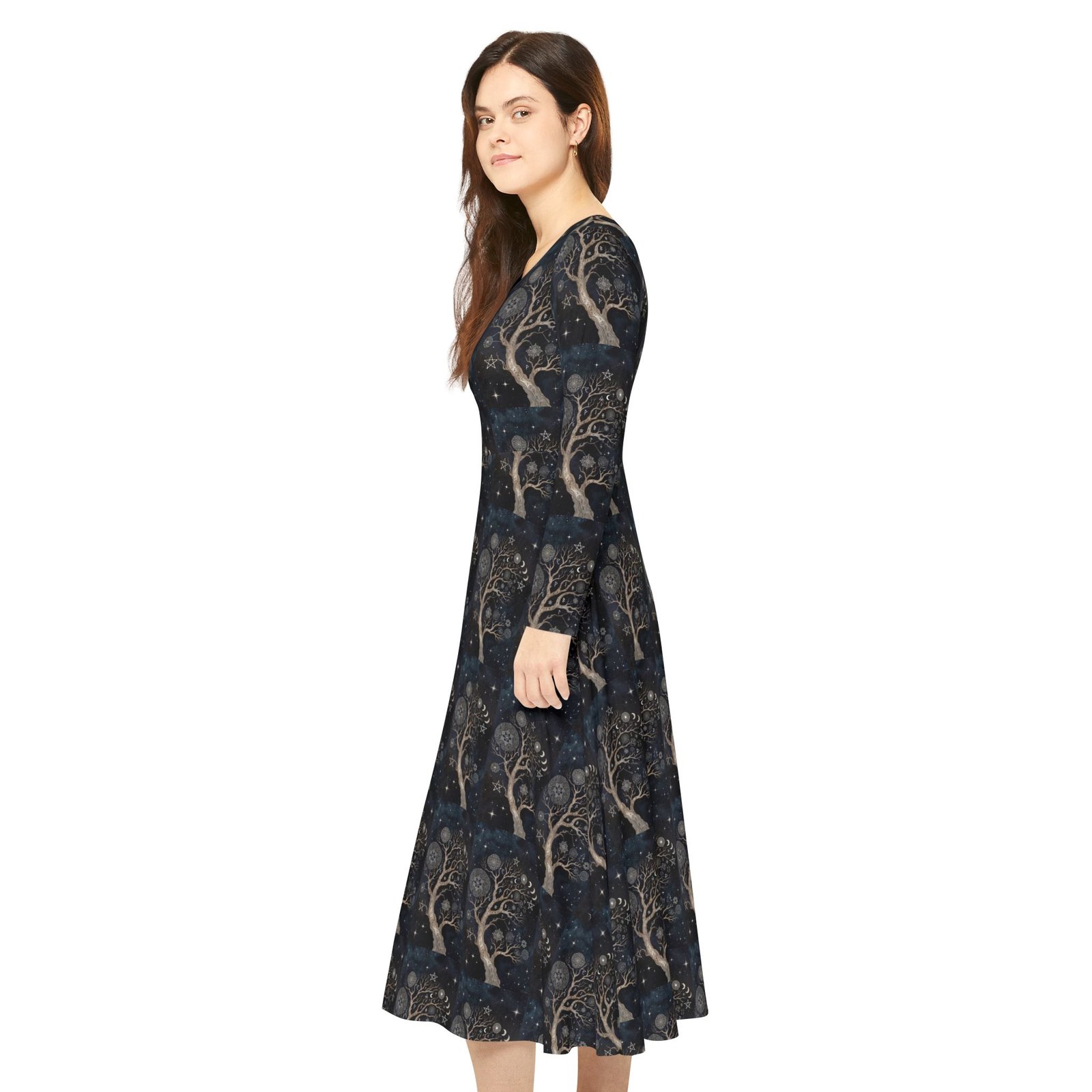 Mystic Tree Maxi Dress — Long Sleeve Dance Dress with Night Sky Print