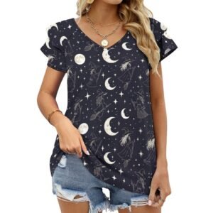 Moon Witch Tee Women's Ruffle Sleeve V-Neck T-Shirt