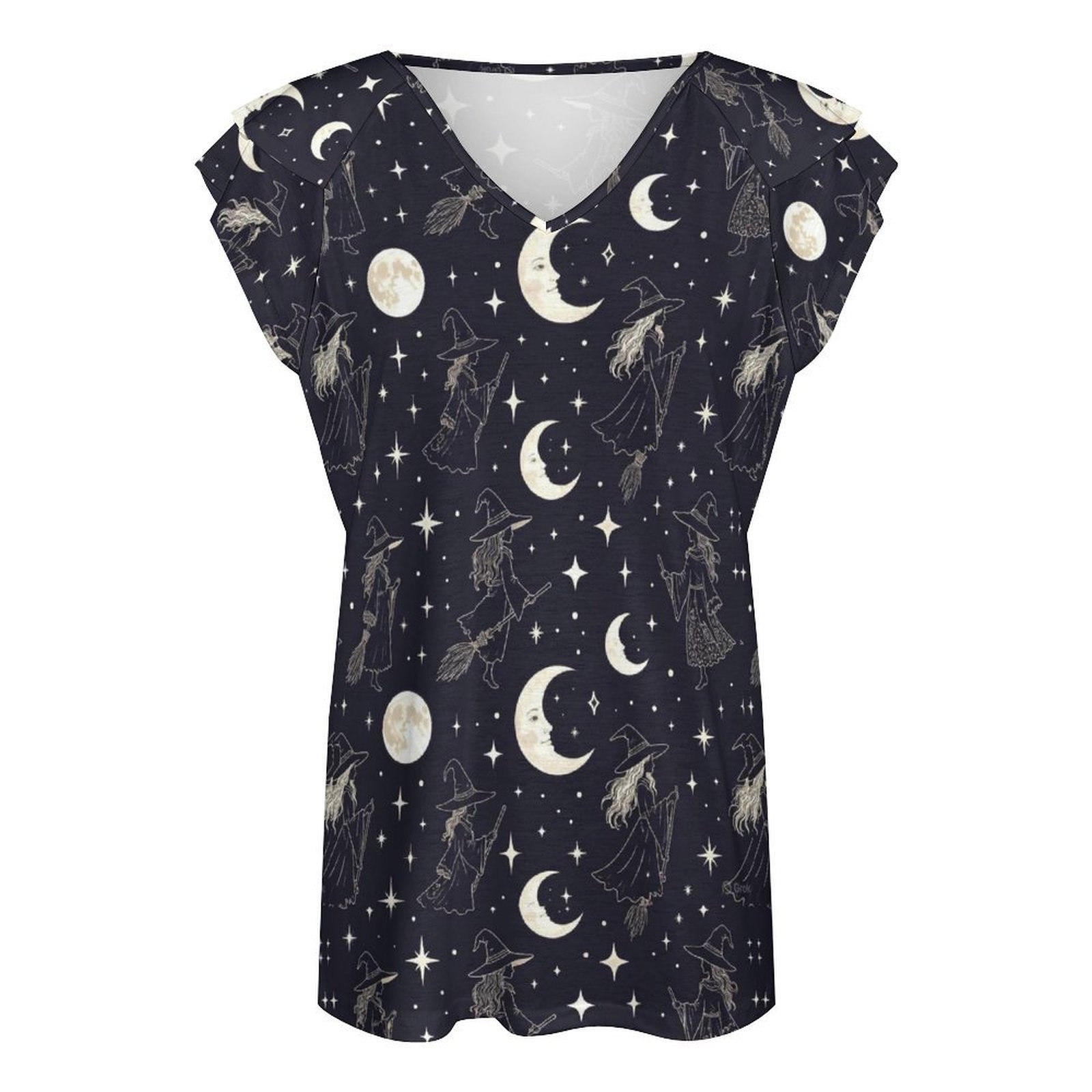 Moon Witch Tee Women's Ruffle Sleeve V-Neck T-Shirt - Image 2